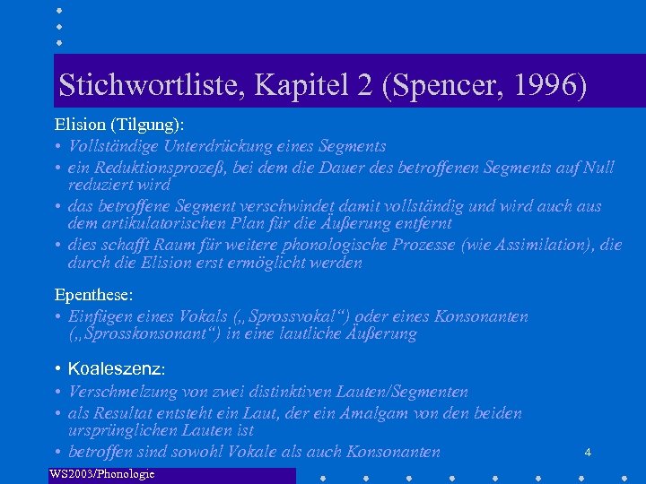 Stichwortliste, Kapitel 2 (Spencer, 1996) Elision (Tilgung): • Vollständige Unterdrückung eines Segments • ein