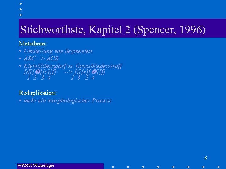 Stichwortliste, Kapitel 2 (Spencer, 1996) Metathese: • Umstellung von Segmenten • ABC -> ACB