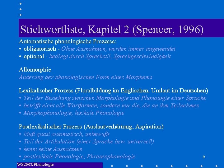Stichwortliste, Kapitel 2 (Spencer, 1996) Automatische phonologische Prozesse: • obligatorisch - Ohne Ausnahmen, werden
