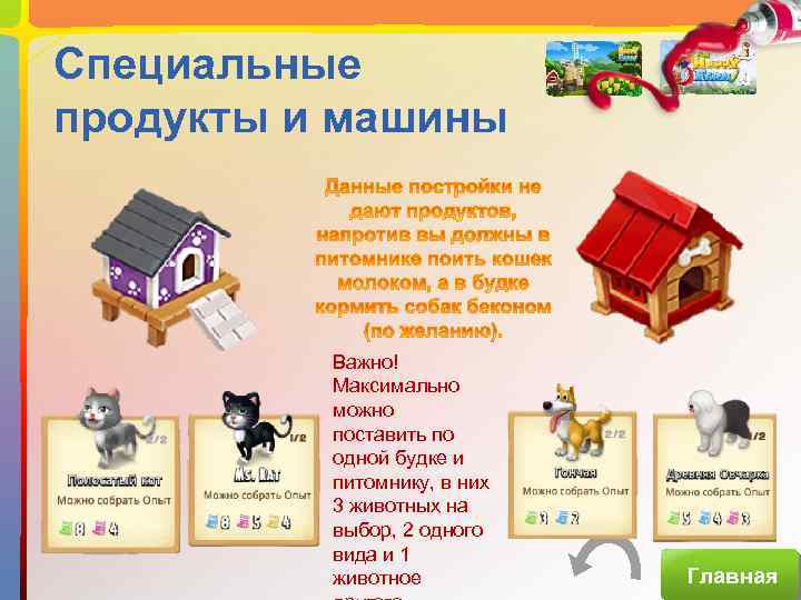 Специальные продукты и машины Важно! Максимально можно поставить по одной будке и питомнику, в