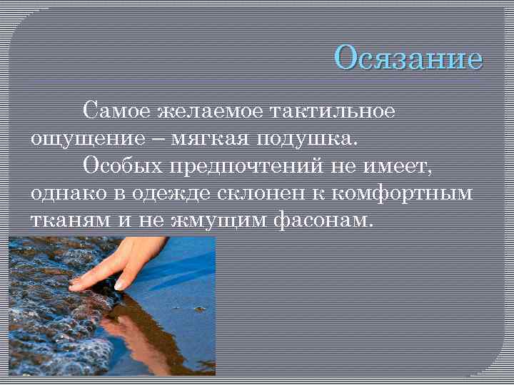 Осязание Самое желаемое тактильное ощущение – мягкая подушка. Особых предпочтений не имеет, однако в