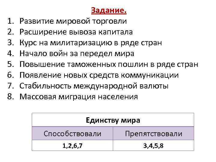 1. 2. 3. 4. 5. 6. 7. 8. Задание. Развитие мировой торговли Расширение вывоза