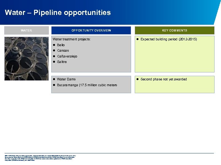 Water – Pipeline opportunities WATER OPPORTUNITY OVERVIEW Water treatment projects: KEY COMMENTS l Expected