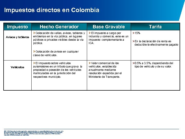 Impuestos directos en Colombia Impuesto Hecho Generador Base Gravable Tarifa ØEl impuesto a cargo