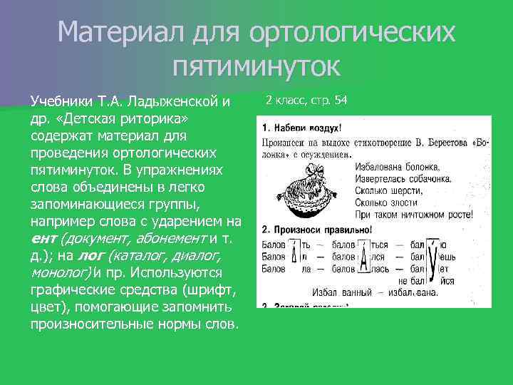 Материал для ортологических пятиминуток Учебники Т. А. Ладыженской и др. «Детская риторика» содержат материал