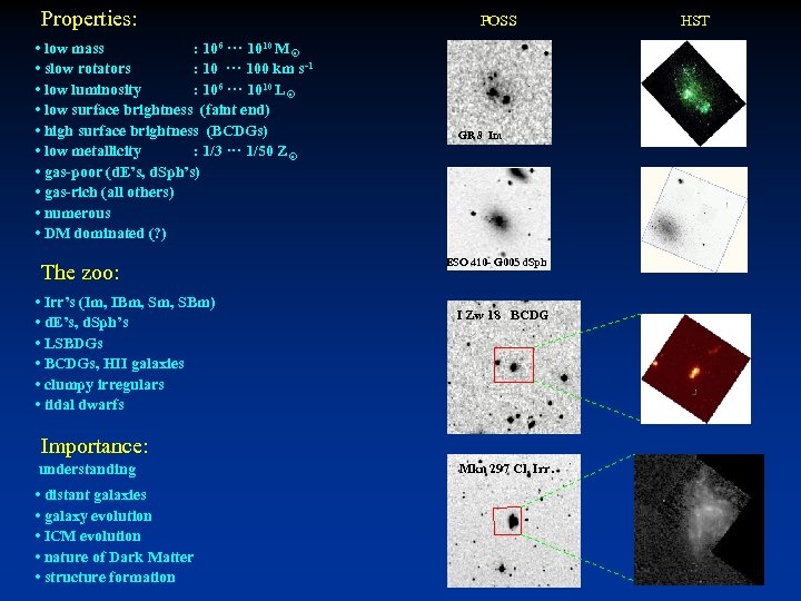 Properties: • low mass : 106 ··· 1010 M • slow rotators : 10