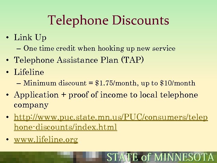 Telephone Discounts • Link Up – One time credit when hooking up new service