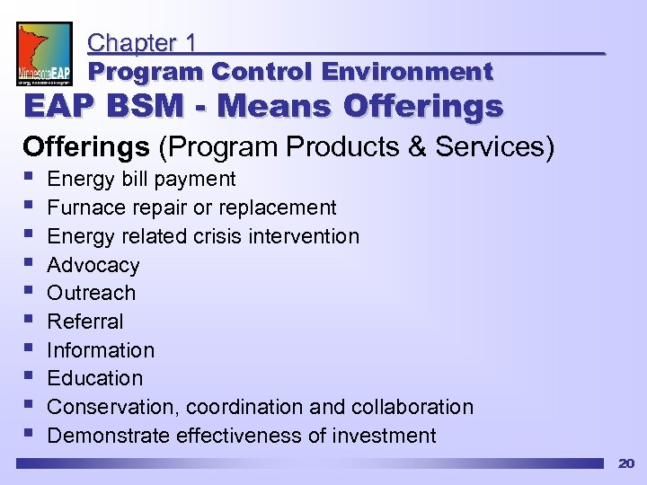 Chapter 1 Program Control Environment EAP BSM - Means Offerings (Program Products & Services)