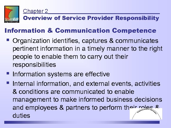 Chapter 2 Overview of Service Provider Responsibility Information & Communication Competence § § §