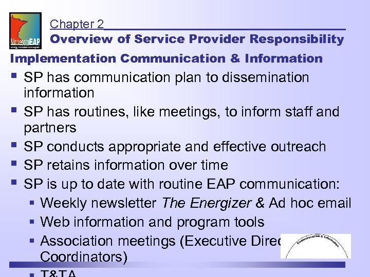 Chapter 2 Overview of Service Provider Responsibility Implementation Communication & Information § § §