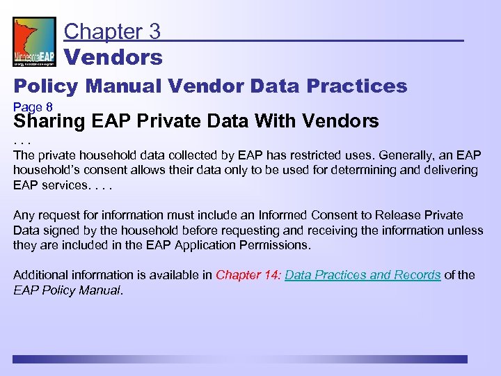 Chapter 3 Vendors Policy Manual Vendor Data Practices Page 8 Sharing EAP Private Data