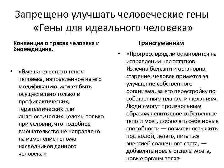 Запрещено улучшать человеческие гены «Гены для идеального человека» Конвенция о правах человека и биомедицине.