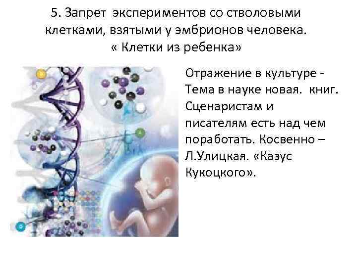 5. Запрет экспериментов со стволовыми клетками, взятыми у эмбрионов человека. « Клетки из ребенка»