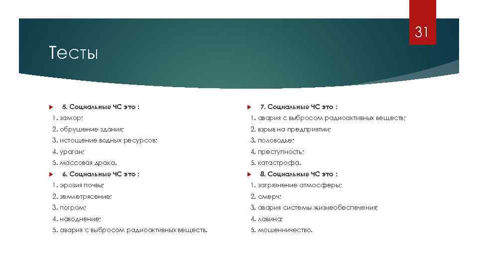 31 Тесты 5. Социальные ЧС это : 7. Социальные ЧС это : 1. замор;