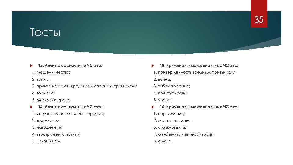 35 Тесты 13. Личные социальные ЧС это: 15. Криминальные социальные ЧС это: 1. мошенничество;
