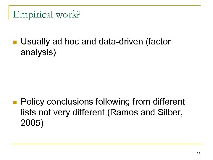 Empirical work? n Usually ad hoc and data-driven (factor analysis) n Policy conclusions following