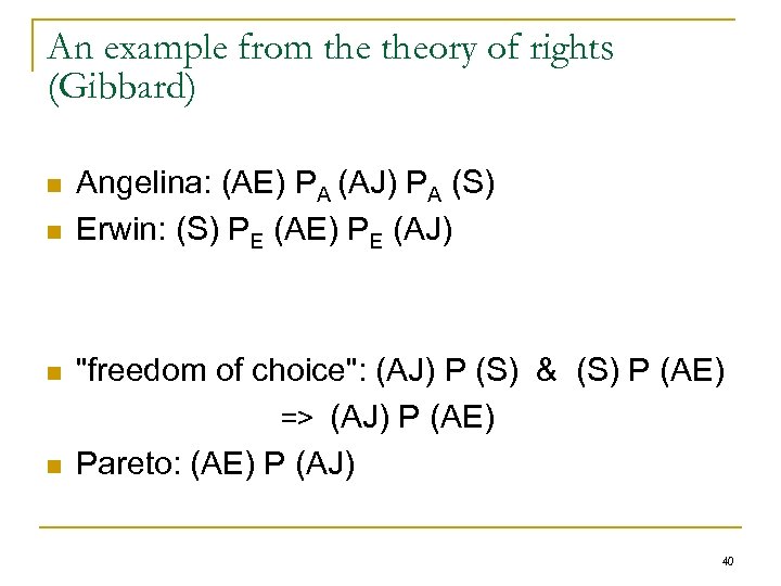 An example from theory of rights (Gibbard) n n Angelina: (AE) PA (AJ) PA