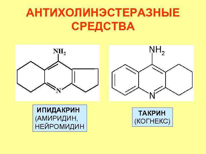 АНТИХОЛИНЭСТЕРАЗНЫЕ СРЕДСТВА NH 2 N ИПИДАКРИН (АМИРИДИН, НЕЙРОМИДИН ТАКРИН (КОГНЕКС) 