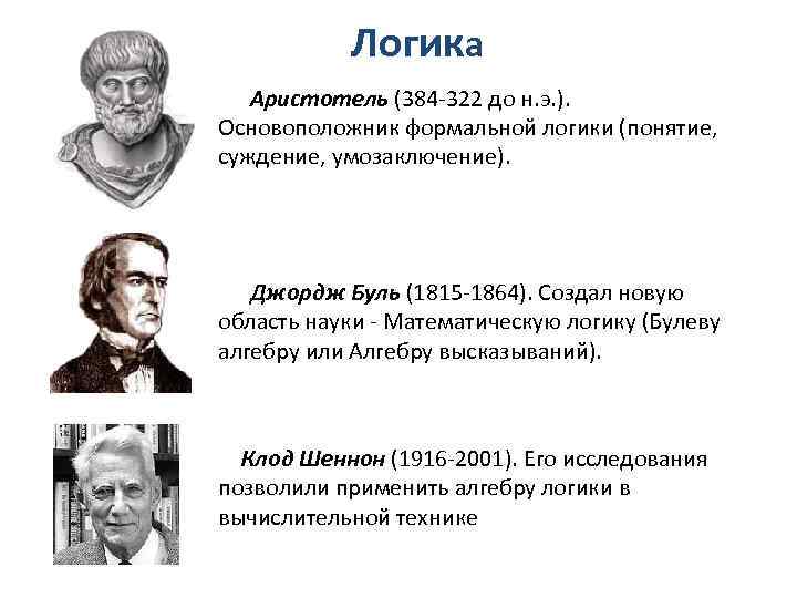 Логика Аристотель (384 -322 до н. э. ). Основоположник формальной логики (понятие, суждение, умозаключение).