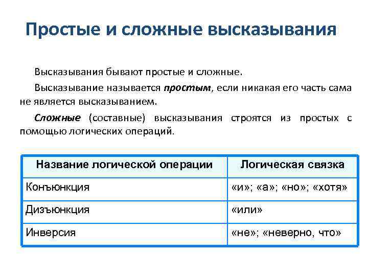 Простые и сложные высказывания Высказывания бывают простые и сложные. Высказывание называется простым, если никакая