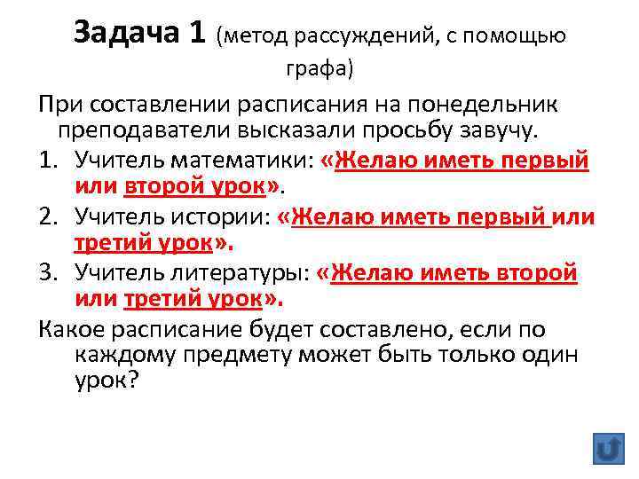 Задача 1 (метод рассуждений, с помощью графа) При составлении расписания на понедельник преподаватели высказали