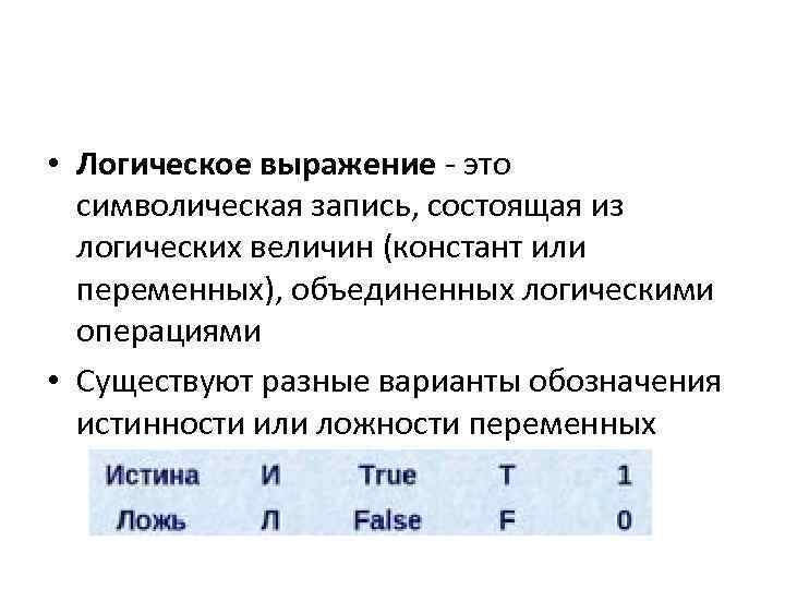  • Логическое выражение - это символическая запись, состоящая из логических величин (констант или