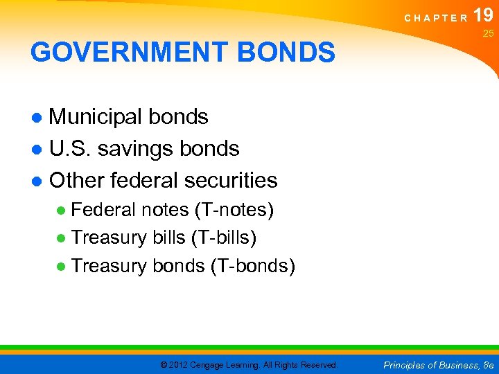 CHAPTER GOVERNMENT BONDS 19 25 ● Municipal bonds ● U. S. savings bonds ●