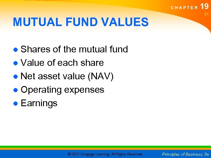 CHAPTER MUTUAL FUND VALUES 19 31 ● Shares of the mutual fund ● Value