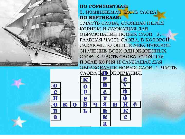 ПО ГОРИЗОНТАЛИ: 5. ИЗМЕНЯЕМАЯ ЧАСТЬ СЛОВА. ПО ВЕРТИКАЛИ: 1. ЧАСТЬ СЛОВА, СТОЯЩАЯ ПЕРЕД КОРНЕМ