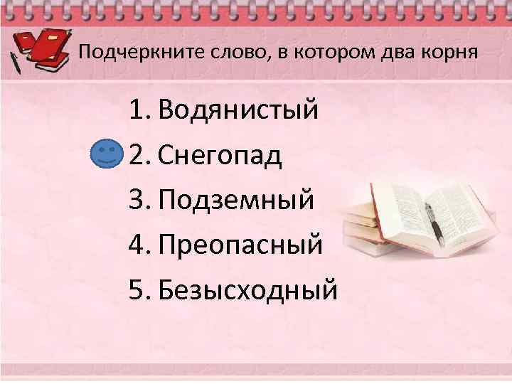 Подчеркните слово, в котором два корня 1. Водянистый 2. Снегопад 3. Подземный 4. Преопасный