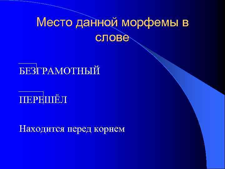 Место данной морфемы в слове БЕЗГРАМОТНЫЙ ПЕРЕШЁЛ Находится перед корнем 