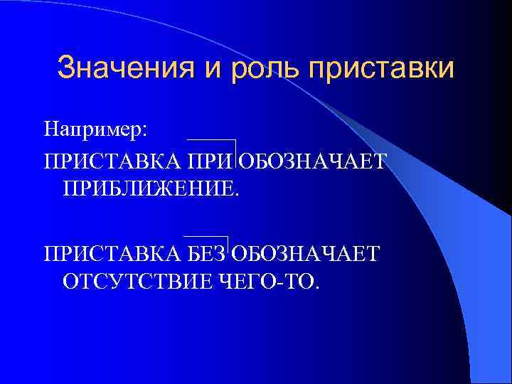 Значения и роль приставки Например: ПРИСТАВКА ПРИ ОБОЗНАЧАЕТ ПРИБЛИЖЕНИЕ. ПРИСТАВКА БЕЗ ОБОЗНАЧАЕТ ОТСУТСТВИЕ ЧЕГО-ТО.