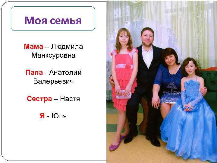 Моя семья Мама – Людмила Манксуровна Папа –Анатолий Валерьевич Сестра – Настя Я -