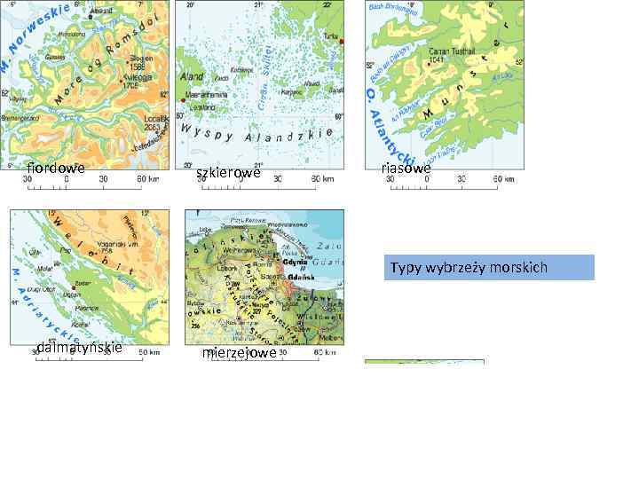 fiordowe szkierowe riasowe Typy wybrzeży morskich dalmatyńskie mierzejowe 