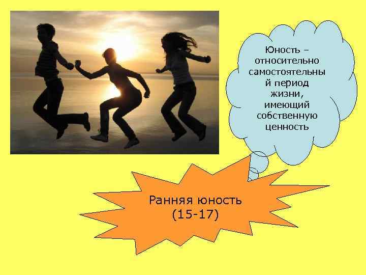 Юность – относительно самостоятельны й период жизни, имеющий собственную ценность Ранняя юность (15 -17)