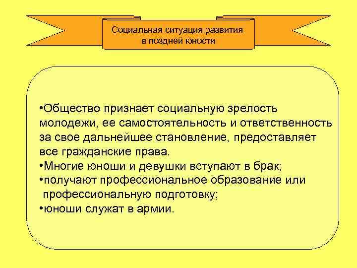 Социальная ситуация развития в поздней юности • Общество признает социальную зрелость молодежи, ее самостоятельность