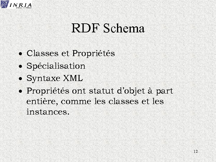 RDF Schema · · Classes et Propriétés Spécialisation Syntaxe XML Propriétés ont statut d’objet