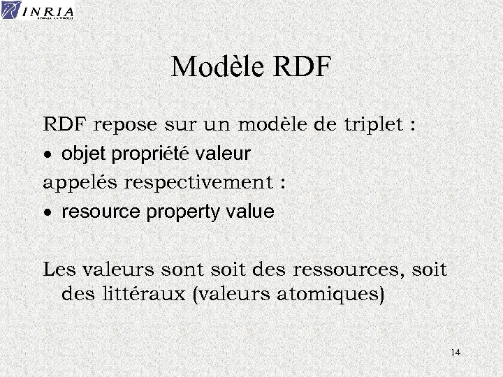 Modèle RDF repose sur un modèle de triplet : · objet propriété valeur appelés