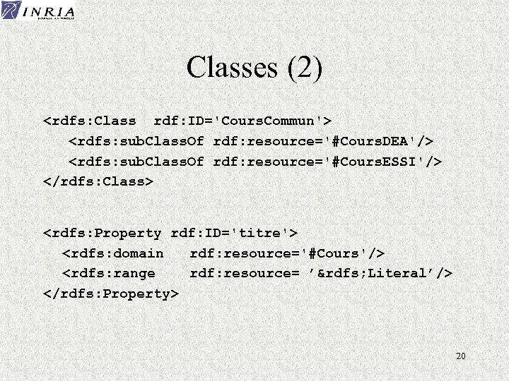 Classes (2) <rdfs: Class rdf: ID='Cours. Commun'> <rdfs: sub. Class. Of rdf: resource='#Cours. DEA'/>