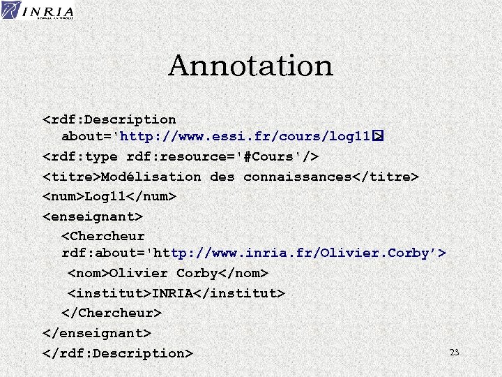 Annotation <rdf: Description about='http: //www. essi. fr/cours/log 11 > <rdf: type rdf: resource='#Cours'/> <titre>Modélisation