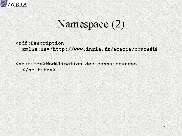 Namespace (2) <rdf: Description xmlns: ns=‘http: //www. inria. fr/acacia/cours# > <ns: titre>Modélisation des connaissances