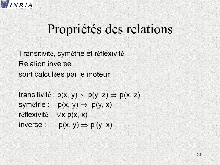 Propriétés des relations Transitivité, symétrie et réflexivité Relation inverse sont calculées par le moteur