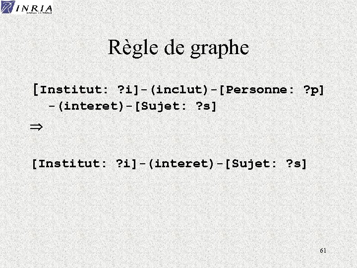 Règle de graphe [Institut: ? i]-(inclut)-[Personne: ? p] -(interet)-[Sujet: ? s] [Institut: ? i]-(interet)-[Sujet: