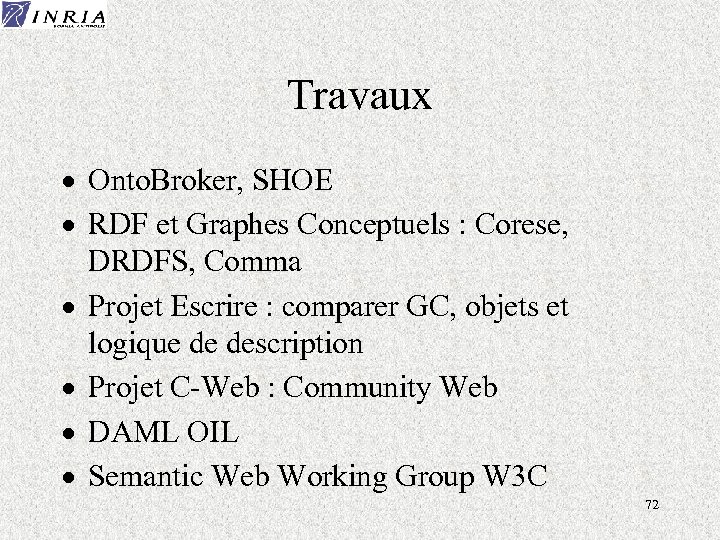 Travaux · Onto. Broker, SHOE · RDF et Graphes Conceptuels : Corese, DRDFS, Comma