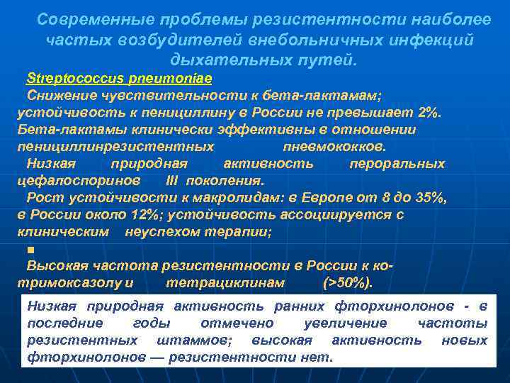 Современные проблемы резистентности наиболее частых возбудителей внебольничных инфекций дыхательных путей. Streptococcus pneumoniae Снижение чувствительности