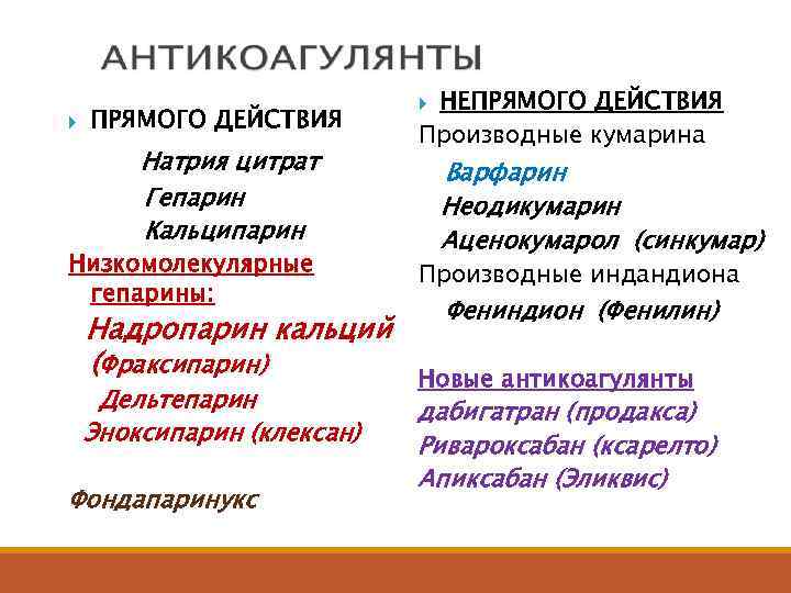  ПРЯМОГО ДЕЙСТВИЯ Натрия цитрат Гепарин Кальципарин Низкомолекулярные гепарины: Надропарин кальций (Фраксипарин) Дельтепарин Эноксипарин