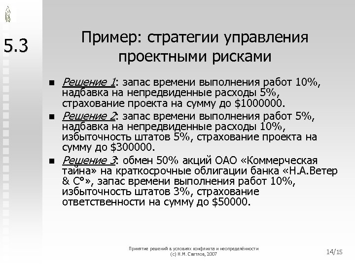 Пример: стратегии управления проектными рисками 5. 3 n n n Решение 1: запас времени