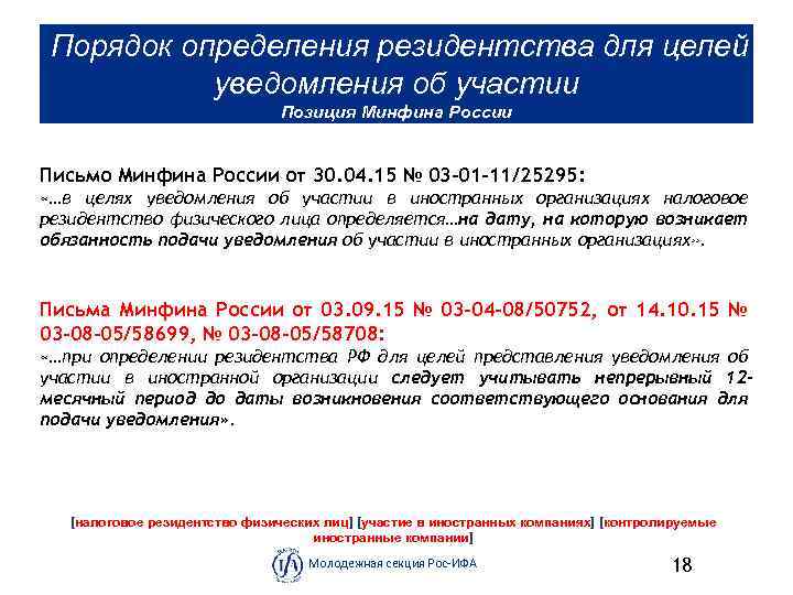  Порядок определения резидентства для целей уведомления об участии Позиция Минфина России Письмо Минфина