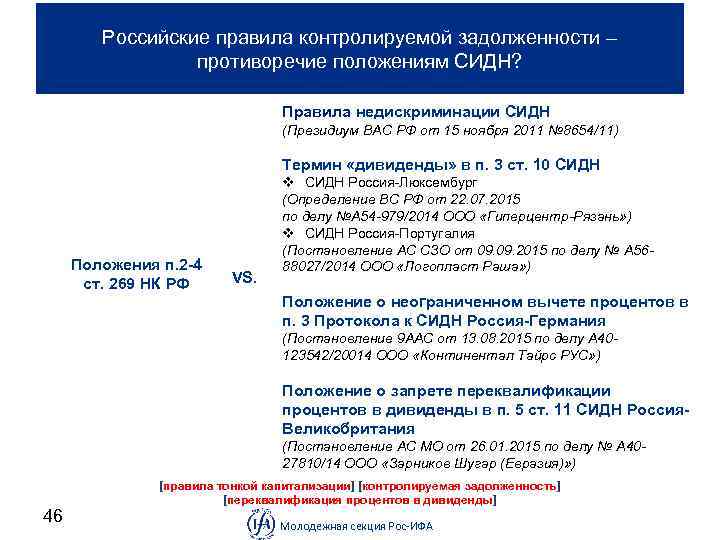 Российские правила контролируемой задолженности – противоречие положениям СИДН? Правила недискриминации СИДН (Президиум ВАС РФ