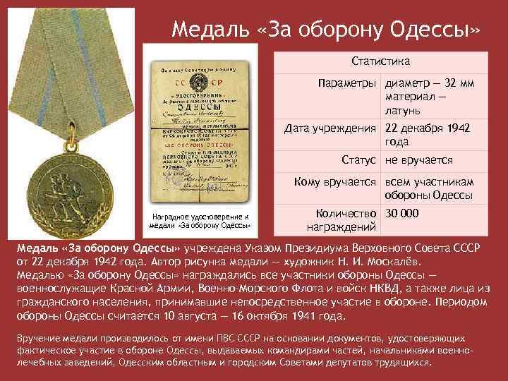 Медаль «За оборону Одессы» Статистика Параметры диаметр — 32 мм материал — латунь Дата